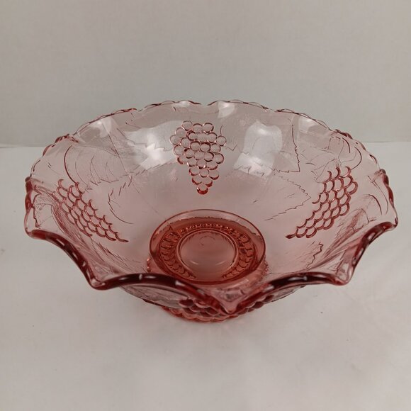 Vintage Pink Bowl Pedestal Depression Glass Serving Grapes Ruffled Crystal - Picture 6 of 9